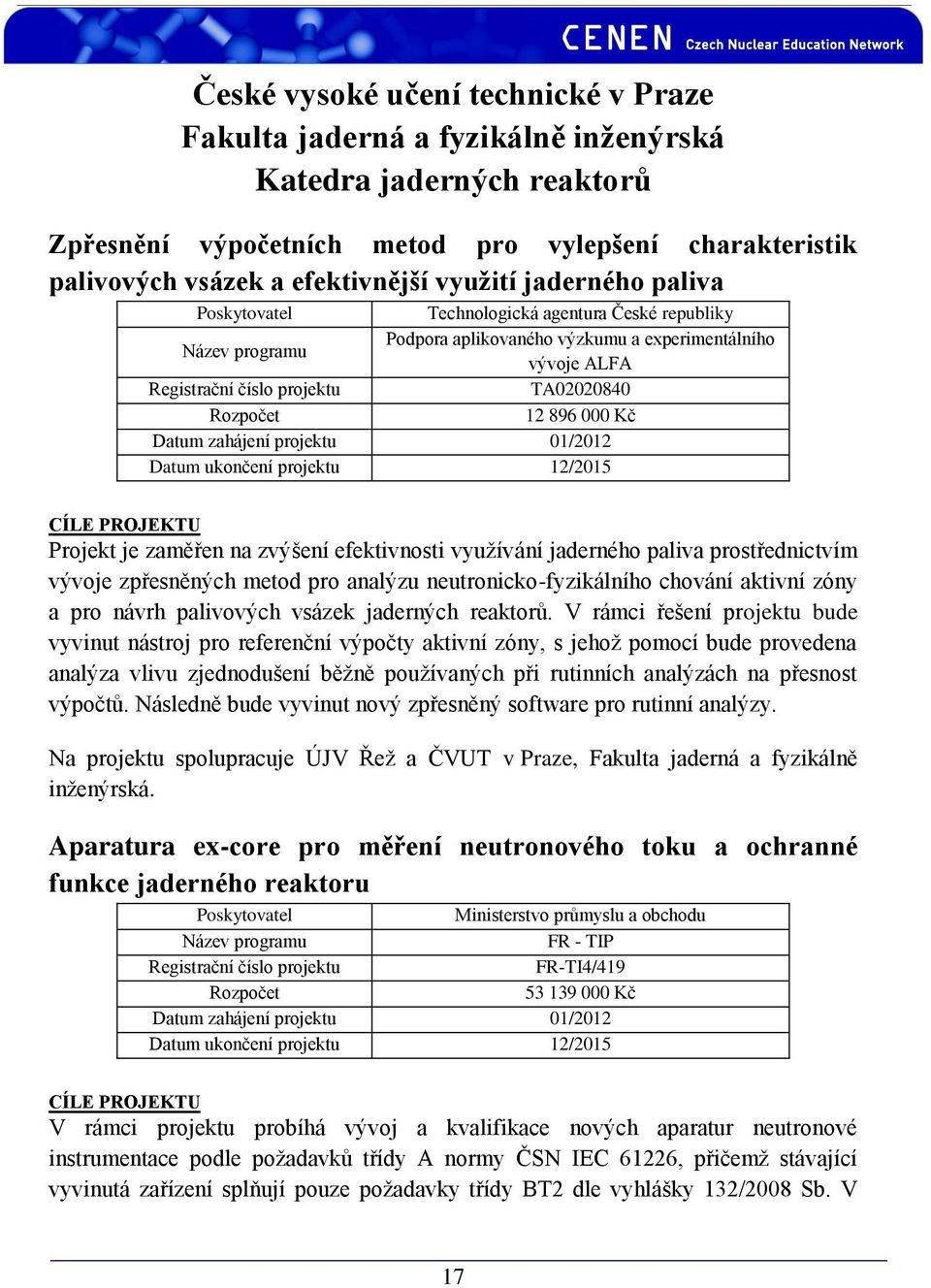 projektu 12/2015 Projekt je zaměřen na zvýšení efektivnosti využívání jaderného paliva prostřednictvím vývoje zpřesněných metod pro analýzu neutronicko-fyzikálního chování aktivní zóny a pro návrh