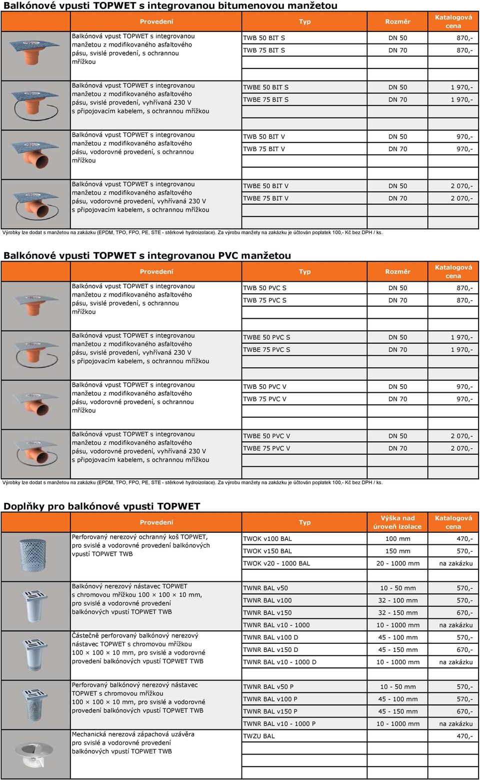 pásu, vodorovné provedení, vyhřívaná 230 V s připojovacím kabelem, s ochrannou mřížkou TWBE 50 BIT V DN 50 2 070,- TWBE 75 BIT V DN 70 2 070,- Balkónové vpusti TOPWET s integrovanou PVC manžetou