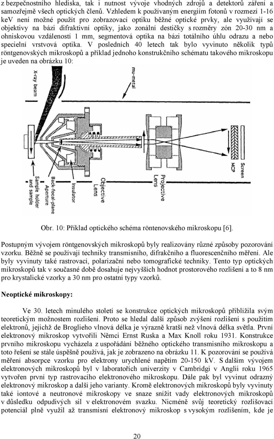 rozměry zón 20-30 nm a ohniskovou vzdáleností 1 mm, segmentová optika na bázi totálního úhlu odrazu a nebo specielní vrstvová optika.