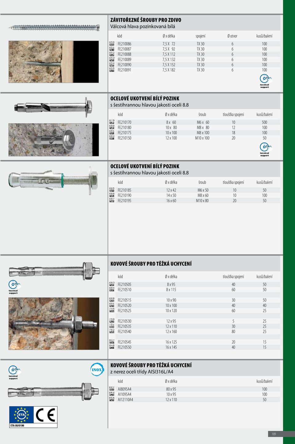 8 kód Ø x délka šroub tloušťka spojení kusů/ FE210170 8 x 60 M6 x 60 10 500 FE210180 10 x 80 M8 x 80 12 100 FE210175 10 x 100 M8 x 100 18 100 FE210150 12 x 100 M10 x 100 20 50 OCELOVÉ UKOTVENÍ BÍLÝ