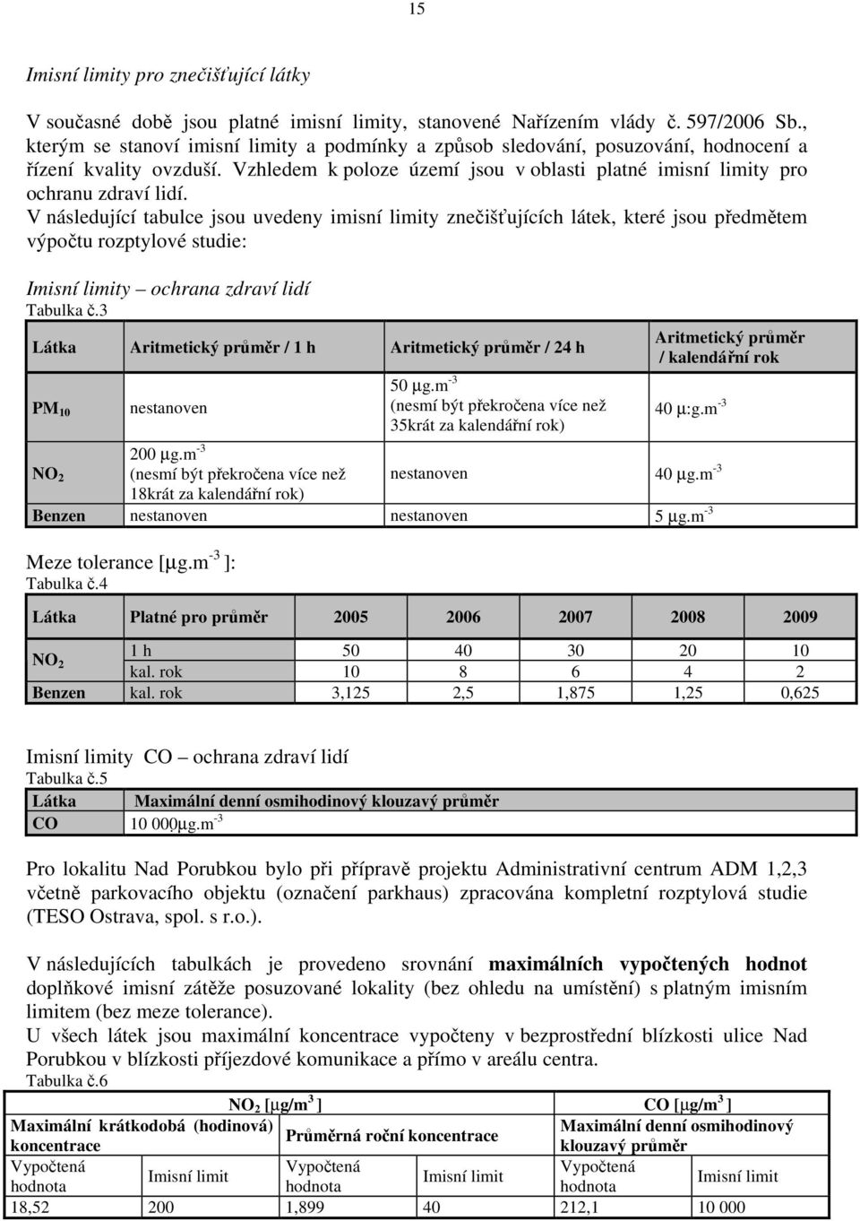 V následující tabulce jsou uvedeny imisní limity znečišťujících látek, které jsou předmětem výpočtu rozptylové studie: Imisní limity ochrana zdraví lidí Tabulka č.