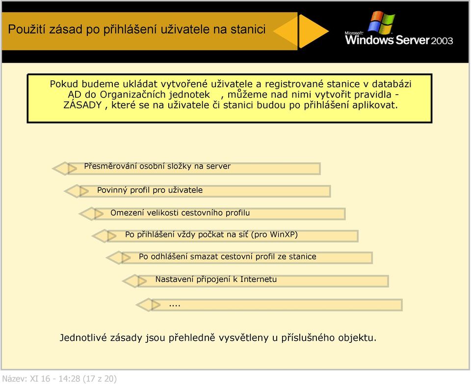 Přesměrování osobní složky na server Povinný profil pro uživatele Omezení velikosti cestovního profilu Po přihlášení vždy počkat na síť (pro