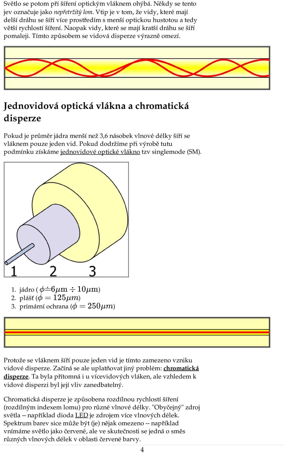 Tímto způsobem se vidová výrazně omezí. Jednovidová optická vlákna a chromatická Pokud je průměr jádra menší než 3,6 násobek vlnové délky šíří se vláknem pouze jeden vid.