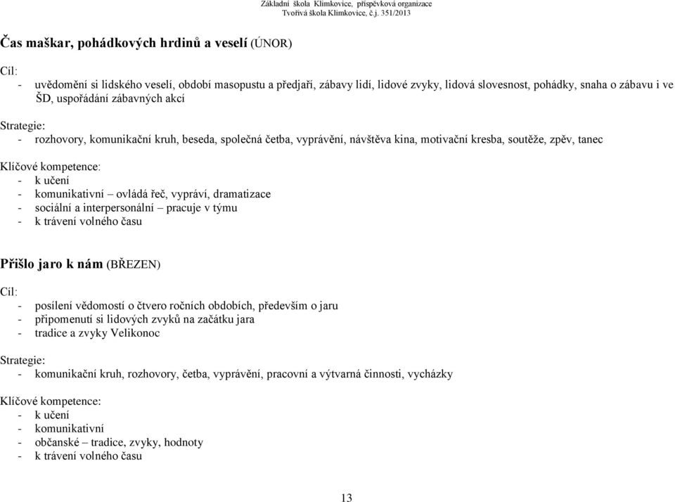 sociální a interpersonální pracuje v týmu - k trávení volného času Přišlo jaro k nám (BŘEZEN) - posílení vědomostí o čtvero ročních obdobích, především o jaru - připomenutí si lidových zvyků na