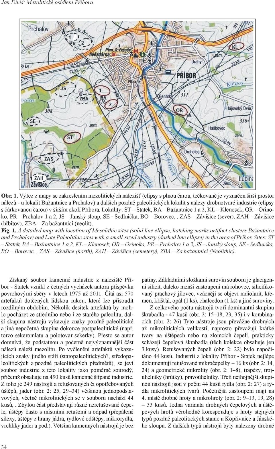 nálezy drobnotvaré industrie (elipsy s čárkovanou čarou) v širším okolí Příbora.