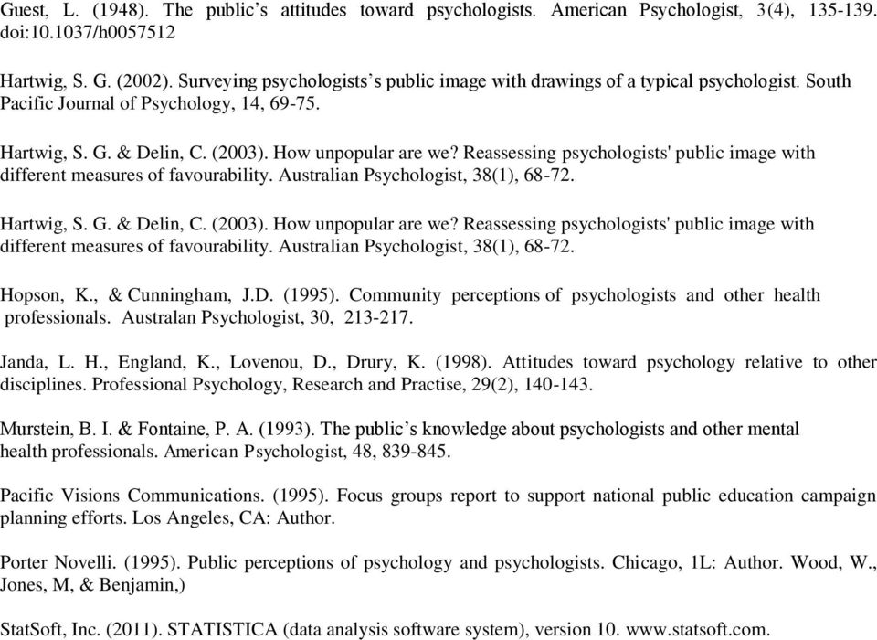 Reassessing psychologists' public image with different measures of favourability. Australian Psychologist, 38(1), 68-72. Hartwig, S. G. & Delin, C. (2003). How unpopular are we?