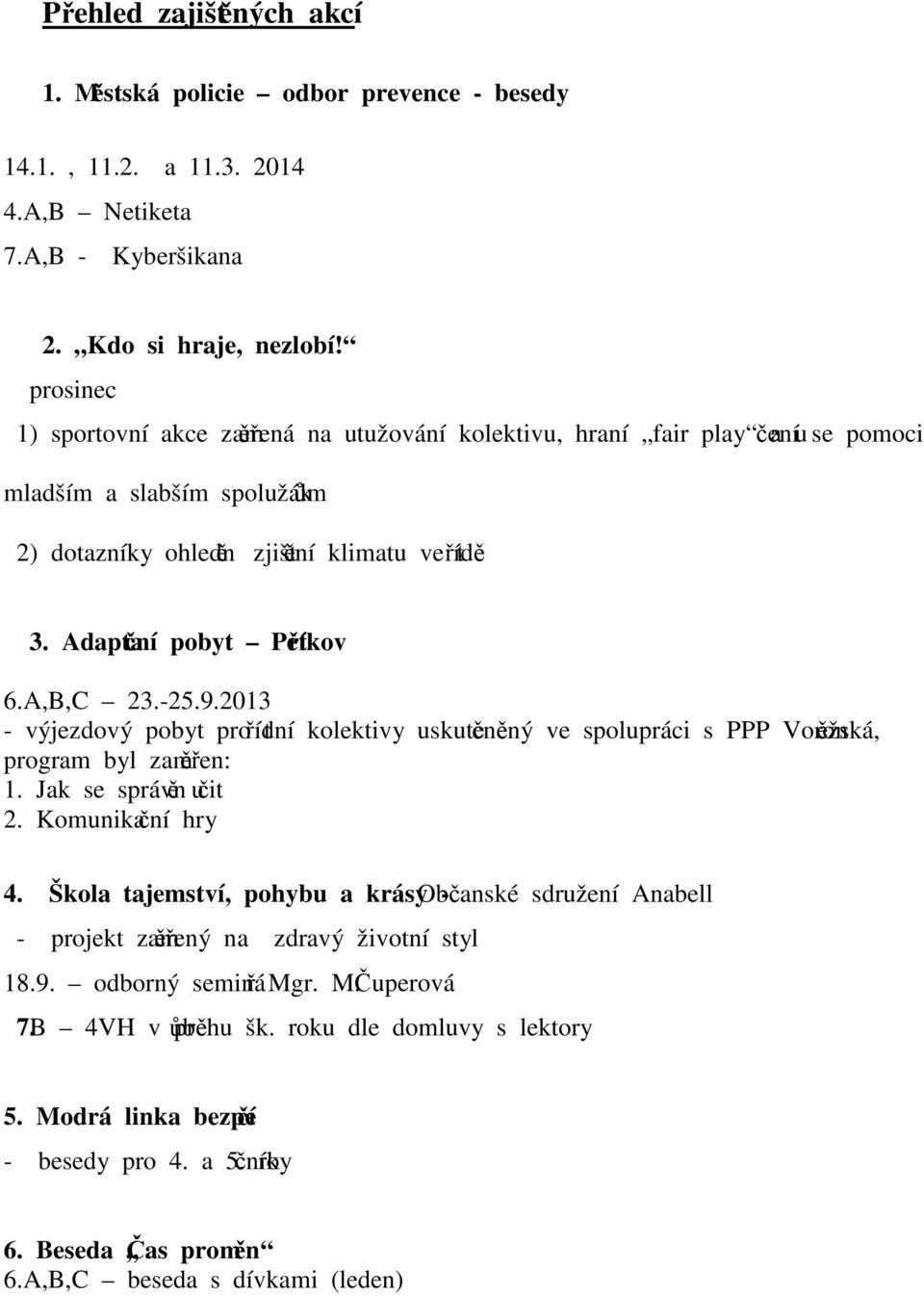 A,B,C 23.-25.9.2013 - výjezdový pobyt pro třídní kolektivy uskutečněný ve spolupráci s PPP Voroněžská, program byl zaměřen: 1. Jak se správně učit 2. Komunikační hry 4.