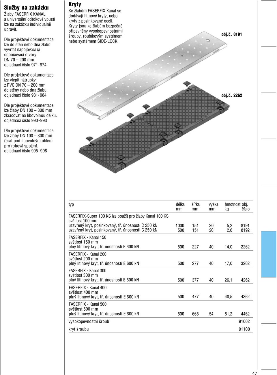 objednací èíslo 971-974 Dle projektové dokumentace lze vlepit nátrubky z PVC DN 70 200 mm do stìny nebo dna žlabu.