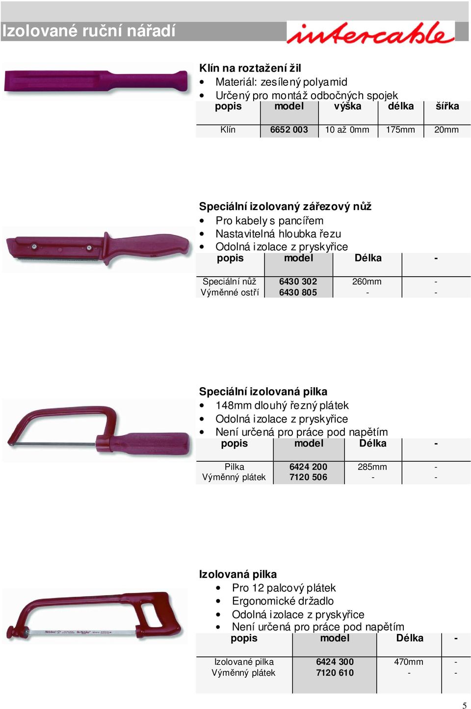 Speciální izolovaná pilka 148mm dlouhý řezný plátek Není určená pro práce pod napětím popis model Délka Pilka Výměnný plátek 6424 7120 506 285mm