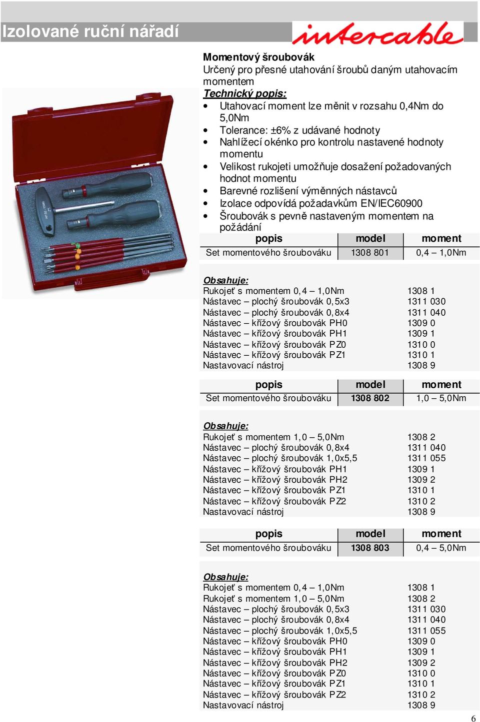 nastaveným momentem na požádání popis model moment Set momentového šroubováku 1308 801 0,4 1,0Nm Rukojeť s momentem 0,4 1,0Nm Nástavec plochý šroubovák 0,5x3 Nástavec plochý šroubovák 0,8x4 Nástavec