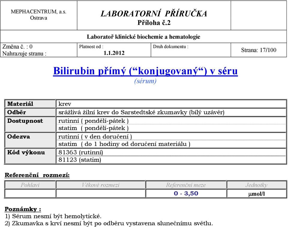 doručení materiálu ) Kód výkonu 81363 (rutinní) 81123 (statim) 0-3,50 μmol/l Poznámky :