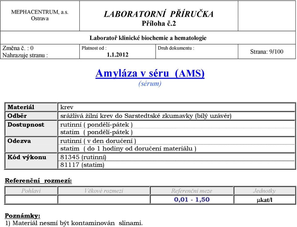 ( do 1 hodiny od doručení materiálu ) Kód výkonu 81345 (rutinní)
