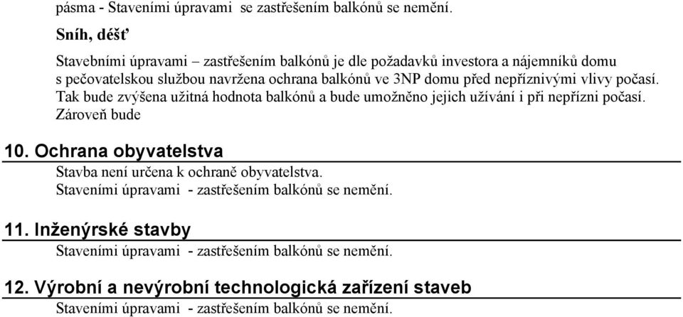 navržena ochrana balkónů ve 3NP domu před nepříznivými vlivy počasí.