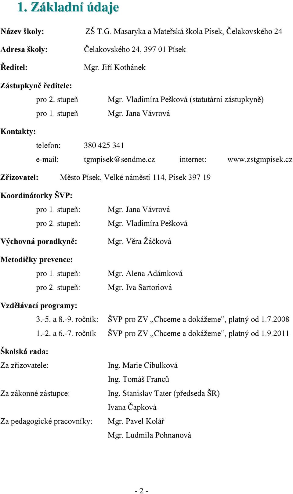cz Zřizovatel: Město Písek, Velké náměstí 114, Písek 397 19 Koordinátorky ŠVP: pro 1. stupeň: pro 2. stupeň: Výchovná poradkyně: Metodičky prevence: pro 1. stupeň: pro 2. stupeň: Mgr.