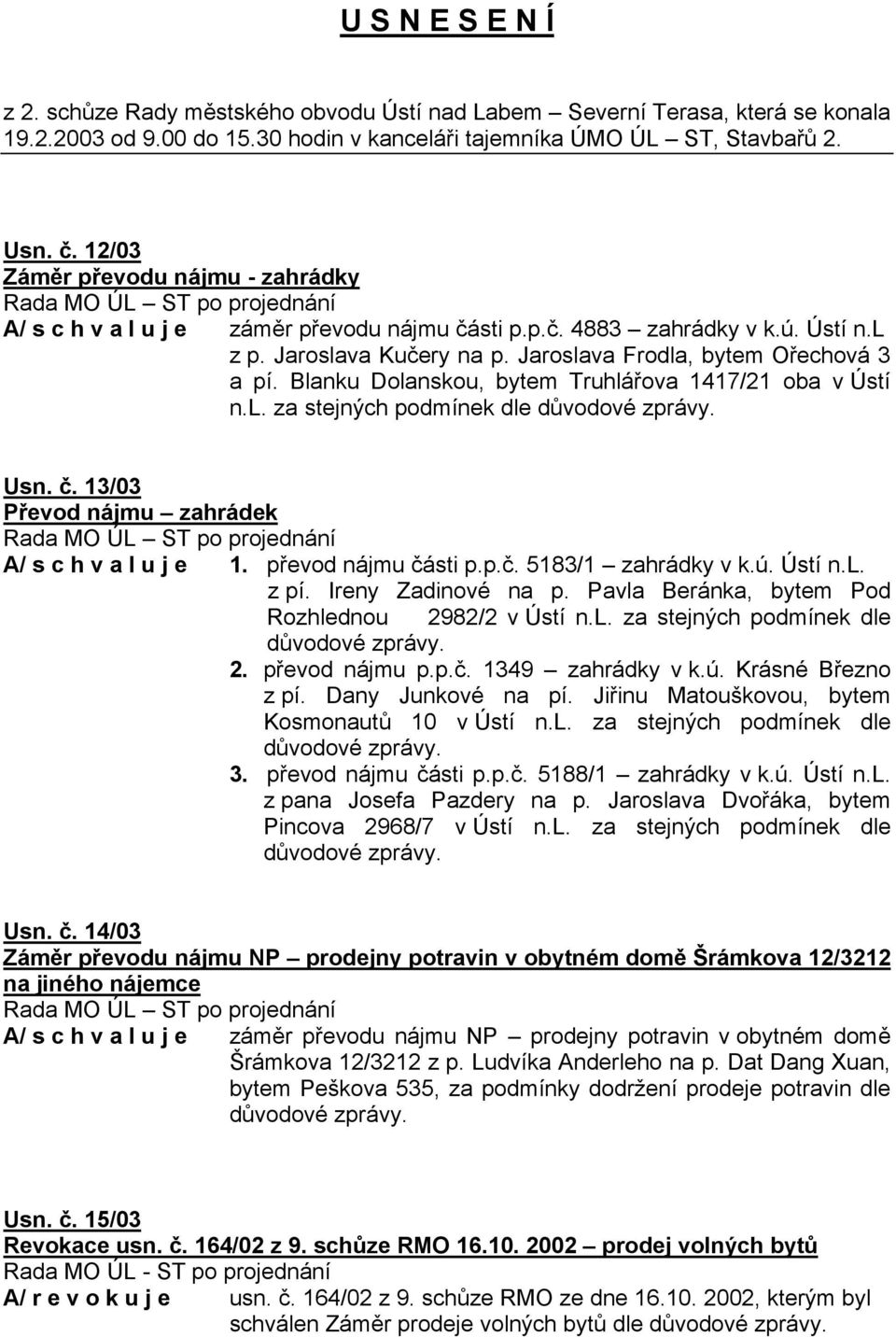 Blanku Dolanskou, bytem Truhlářova 1417/21 oba v Ústí n.l. za stejných podmínek dle Usn. č. 13/03 Převod nájmu zahrádek A/ s c h v a l u j e 1. převod nájmu části p.p.č. 5183/1 zahrádky v k.ú. Ústí n.l. z pí.