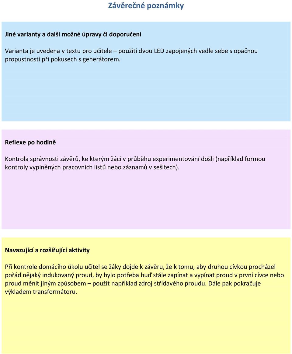 Reflexe po hodině Kontrola správnosti závěrů, ke kterým žáci v průběhu experimentování došli (například formou kontroly vyplněných pracovních listů nebo záznamů v sešitech).