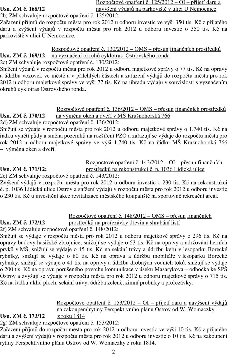 Kč na parkoviště v ulici U Nemocnice. Rozpočtové opatření č. 130/2012 OMS přesun finančních prostředků Usn. ZM č.