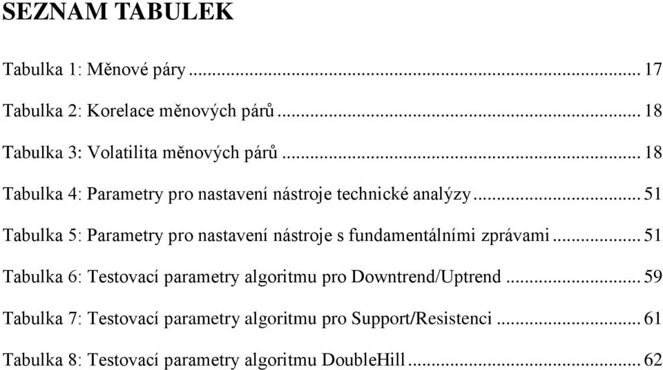 .. 51 Tabulka 5: Parametry pro nastavení nástroje s fundamentálními zprávami.