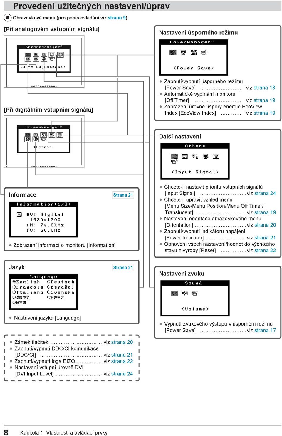 Informace Zobrazení informací o monitoru [Information] Strana 21 Chcete-li nastavit prioritu vstupních signálů [Input Signal] viz strana 24 Chcete-li upravit vzhled menu [Menu Size/Menu Position/Menu