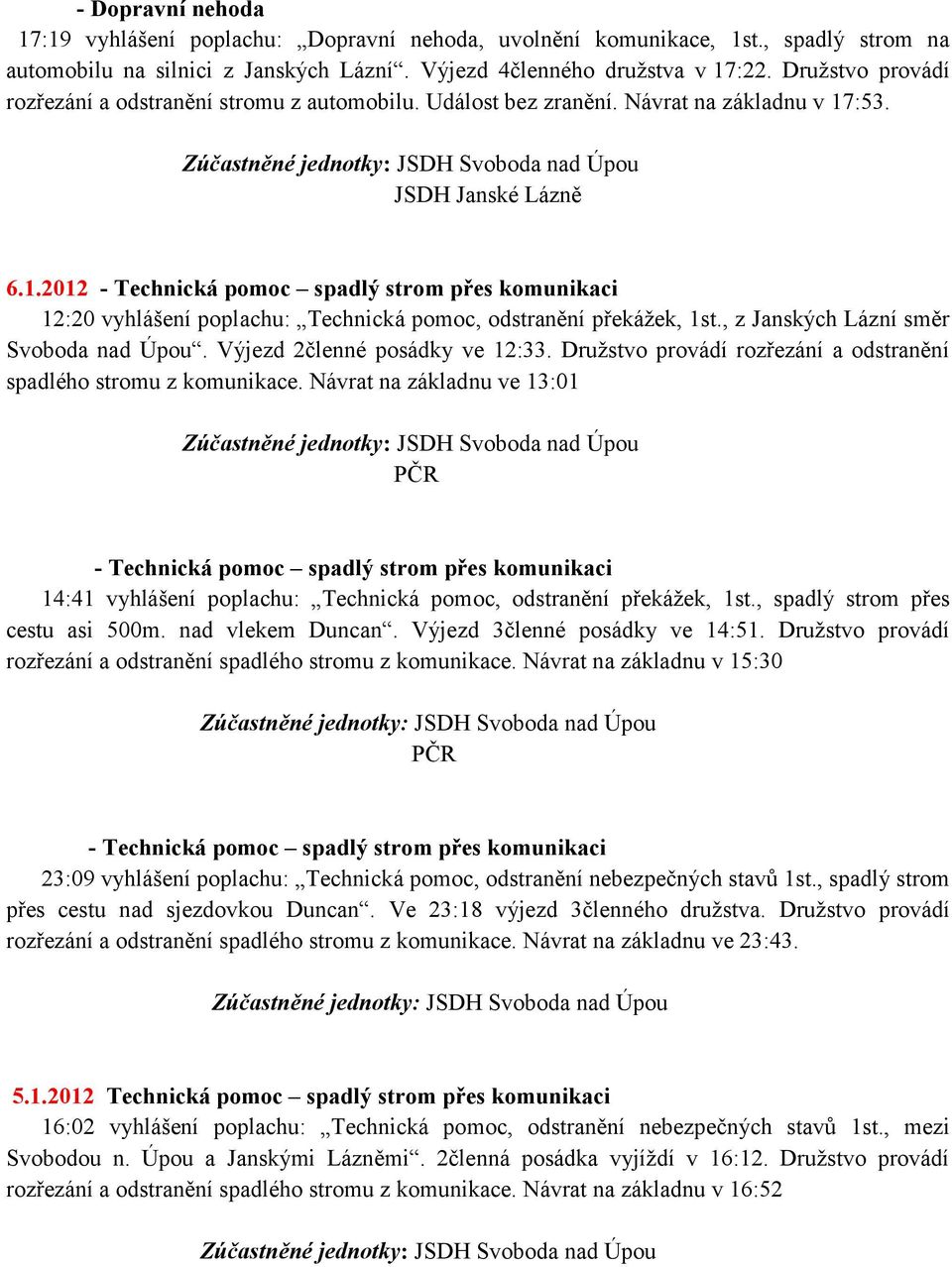 , z Janských Lázní směr Svoboda nad Úpou. Výjezd 2členné posádky ve 12:33. Druţstvo provádí rozřezání a odstranění spadlého stromu z komunikace.