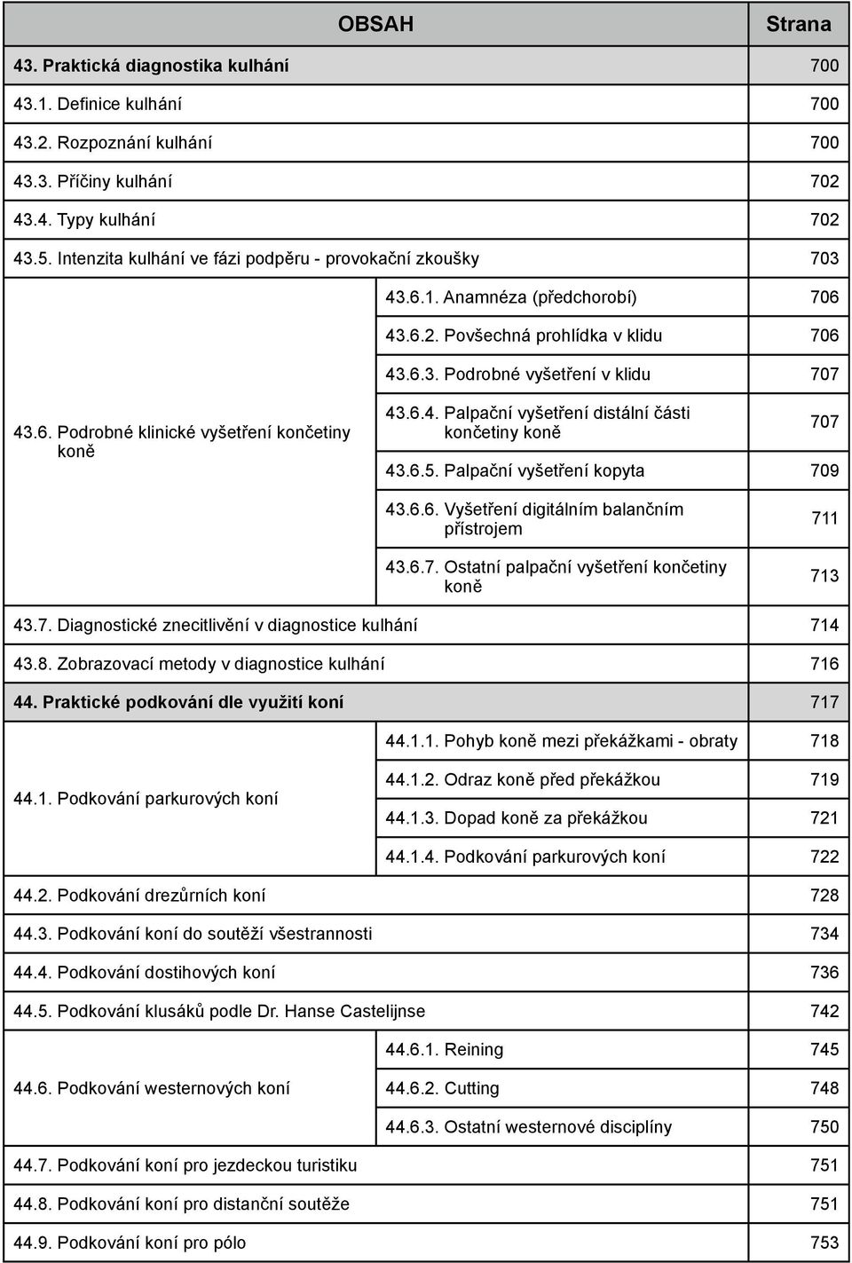 6.4. Palpační vyšetření distální části končetiny koně 707 43.6.5. Palpační vyšetření kopyta 709 43.6.6. Vyšetření digitálním balančním přístrojem 43.6.7. Ostatní palpační vyšetření končetiny koně 711 713 43.