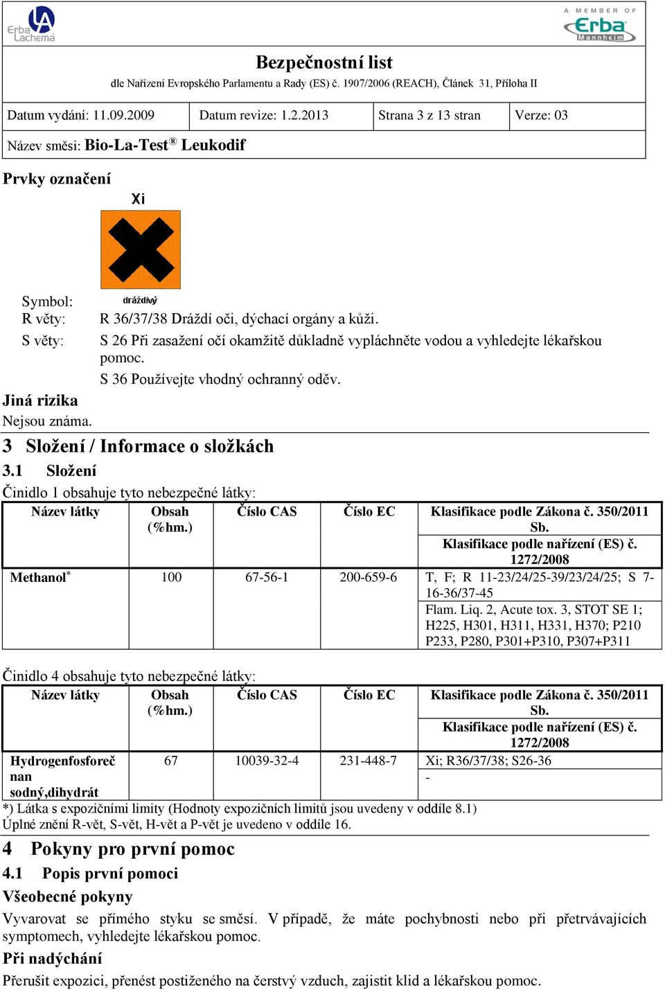 1 Složení Činidlo 1 obsahuje tyto nebezpečné látky: Název látky Obsah (%hm.) Číslo CAS Číslo EC Klasifikace podle Zákona č. 350/2011 Sb. Klasifikace podle nařízení (ES) č.