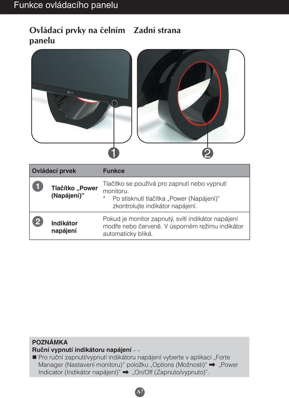 Pokud je monitor zapnutý, svítí indikátor napájení modře nebo červeně. V úsporném režimu indikátor automaticky bliká.