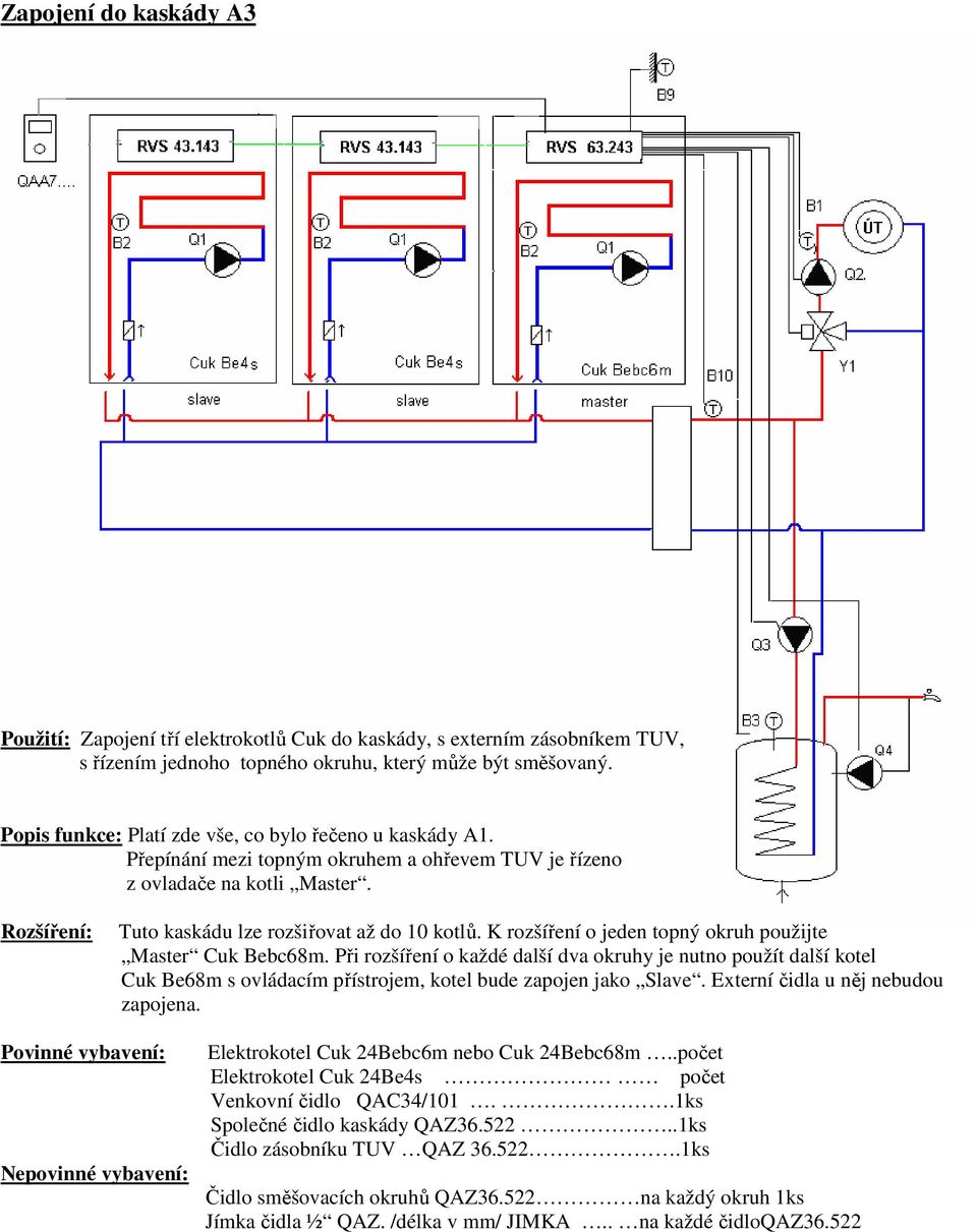 K rozšíření o jeden topný okruh použijte Master Cuk Bebc68m. Při rozšíření o každé další dva okruhy je nutno použít další kotel Cuk Be68m s ovládacím přístrojem, kotel bude zapojen jako Slave.