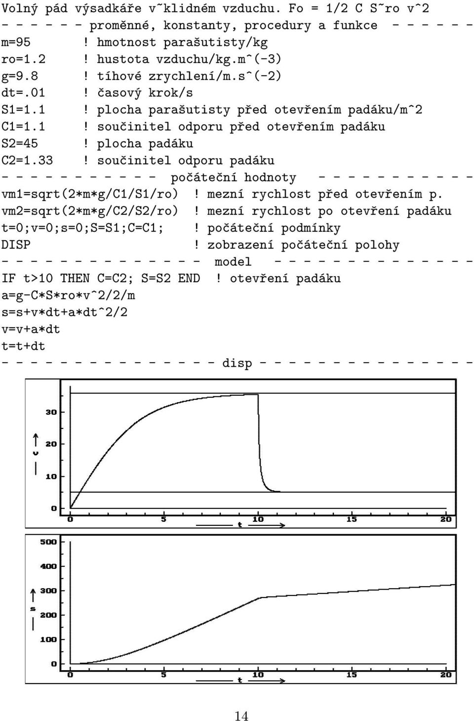 součinitel odporu padáku - - - - - - - - - - - počátečníhodnoty - - - - - - - - - - - vm1=sqrt(2*m*g/c1/s1/ro)! mezní rychlost před otevřením p. vm2=sqrt(2*m*g/c2/s2/ro)!