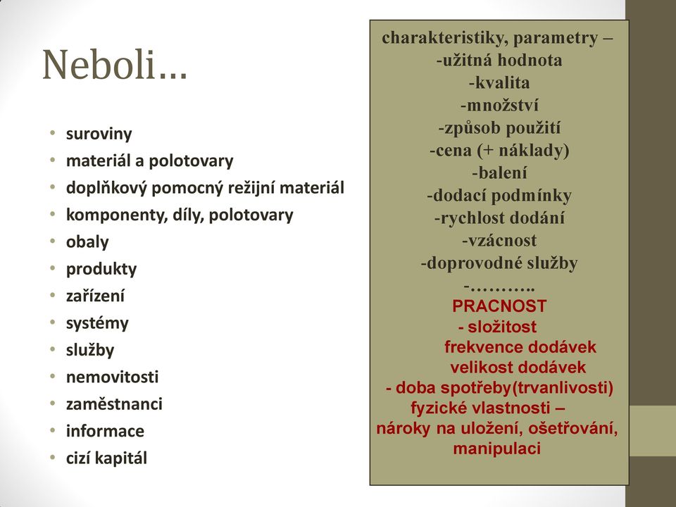 -způsob použití -cena (+ náklady) -balení -dodací podmínky -rychlost dodání -vzácnost -doprovodné služby -.