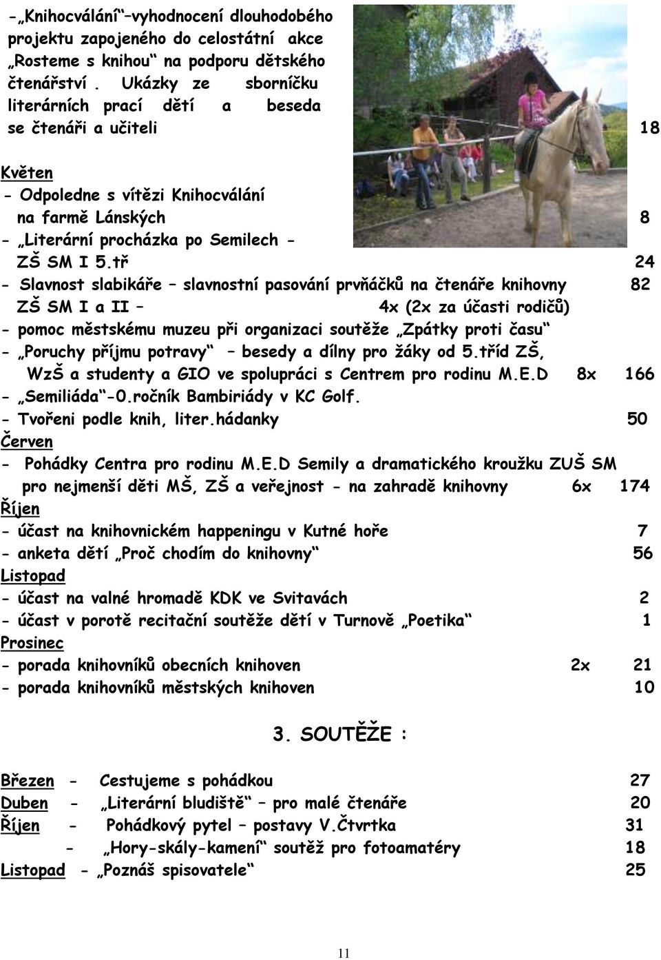 tř 24 - Slavnost slabikáře slavnostní pasování prvňáčků na čtenáře knihovny 82 ZŠ SM I a II 4x (2x za účasti rodičů) - pomoc městskému muzeu při organizaci soutěže Zpátky proti času - Poruchy příjmu