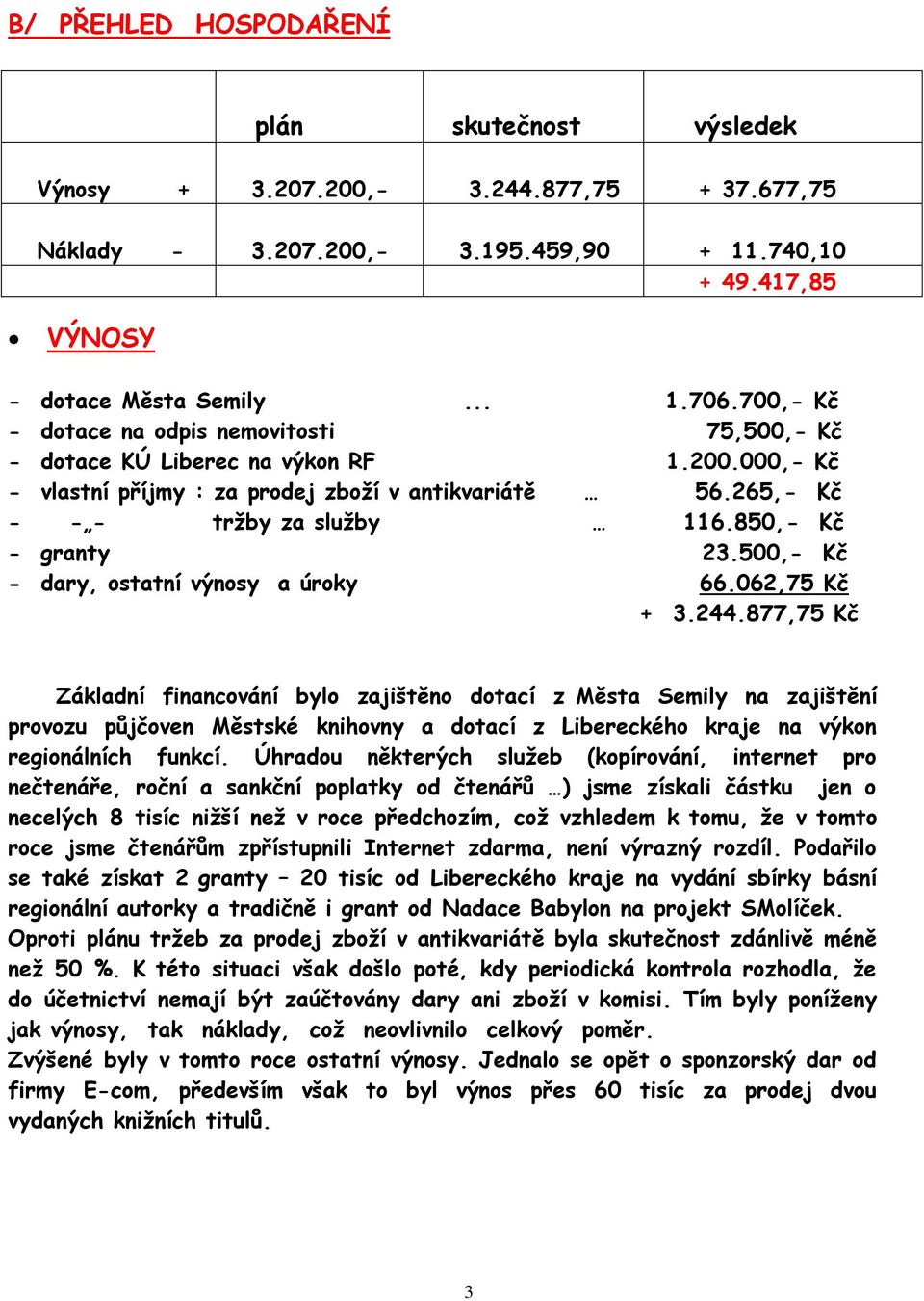 850,- Kč - granty 23.500,- Kč - dary, ostatní výnosy a úroky 66.062,75 Kč + 3.244.