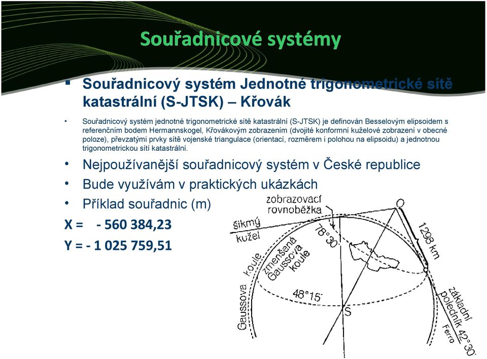 v obecné poloze), převzatými prvky sítě vojenské triangulace (orientací, rozměrem i polohou na elipsoidu) a jednotnou trigonometrickou sítí