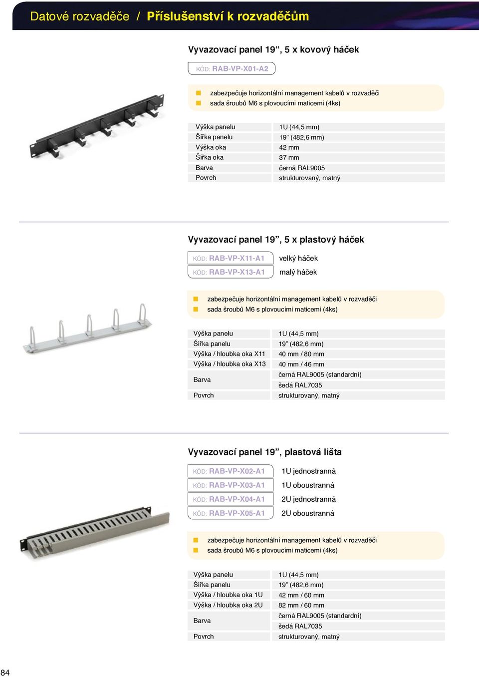 rozvaděči Výška paelu Šířka paelu Výška / hloubka oka X11 Výška / hloubka oka X13 19 (482,6 mm) 40 mm / 80 mm 40 mm / 46 mm čerá RAL5 (stadardí) strukturovaý, matý Vyvazovací pael 19, plastová lišta