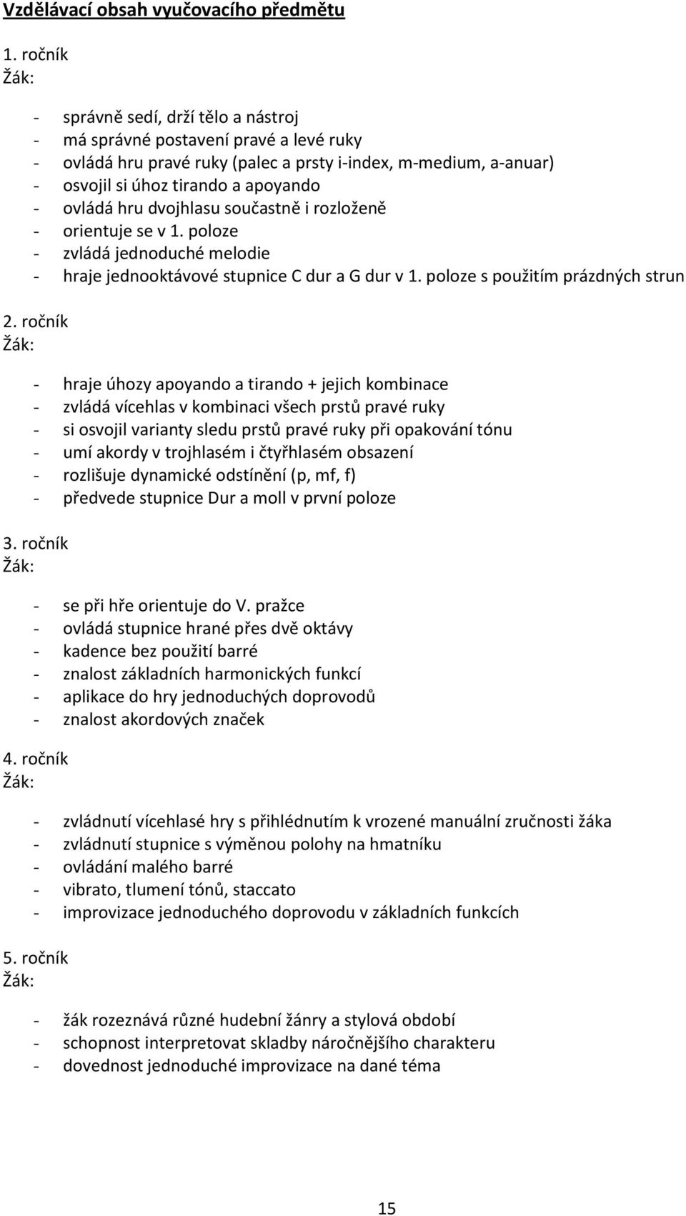 hru dvojhlasu součastně i rozloženě - orientuje se v 1. poloze - zvládá jednoduché melodie - hraje jednooktávové stupnice C dur a G dur v 1. poloze s použitím prázdných strun 2.