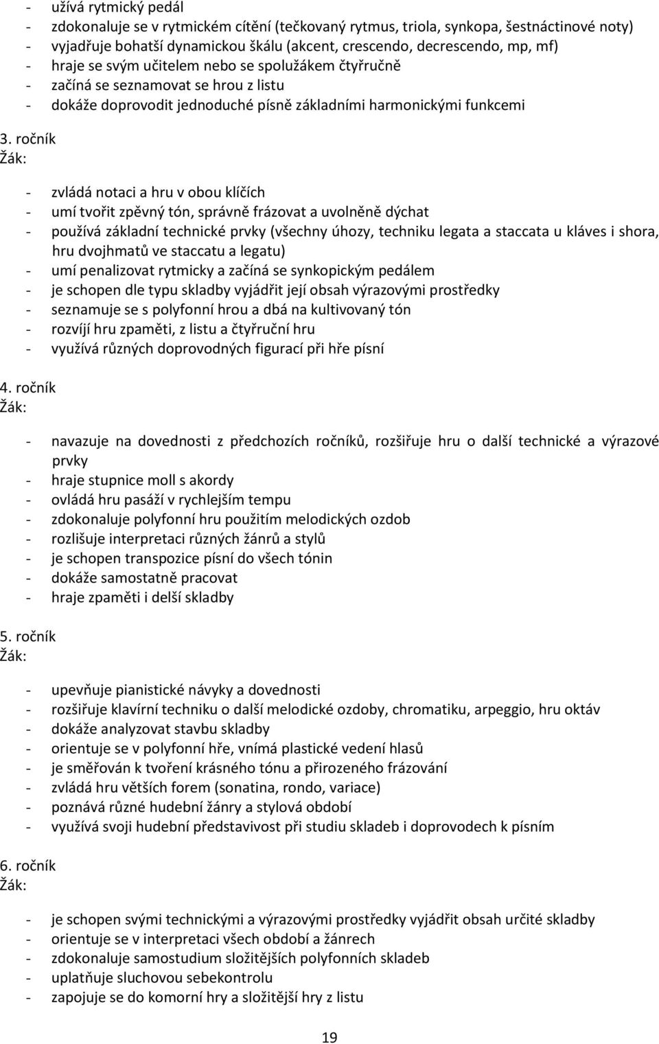 ročník - zvládá notaci a hru v obou klíčích - umí tvořit zpěvný tón, správně frázovat a uvolněně dýchat - používá základní technické prvky (všechny úhozy, techniku legata a staccata u kláves i shora,