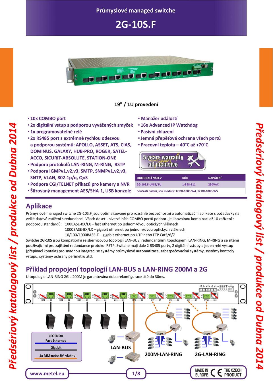 1p/q, QoS Podpora CGI/TELNET příkazů pro kamery a NVR Šifrovaný management ES/SH-1, USB konzole 19" / 1U provedení www.metel.