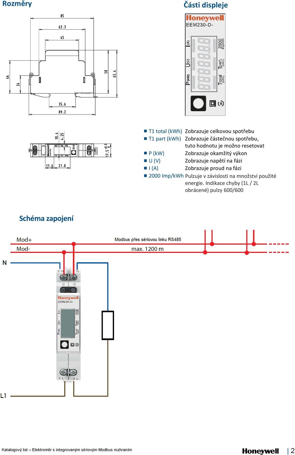 Zobrazuje napětí na fázi I (A) Zobrazuje proud na fázi 2000 Imp/kWh Pulzuje v závislosti