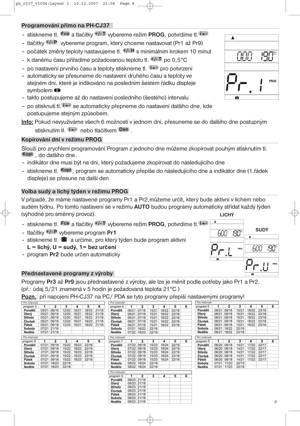 +/- T po 0,5 C - po nastavení prvního času a teploty stiskneme tl.