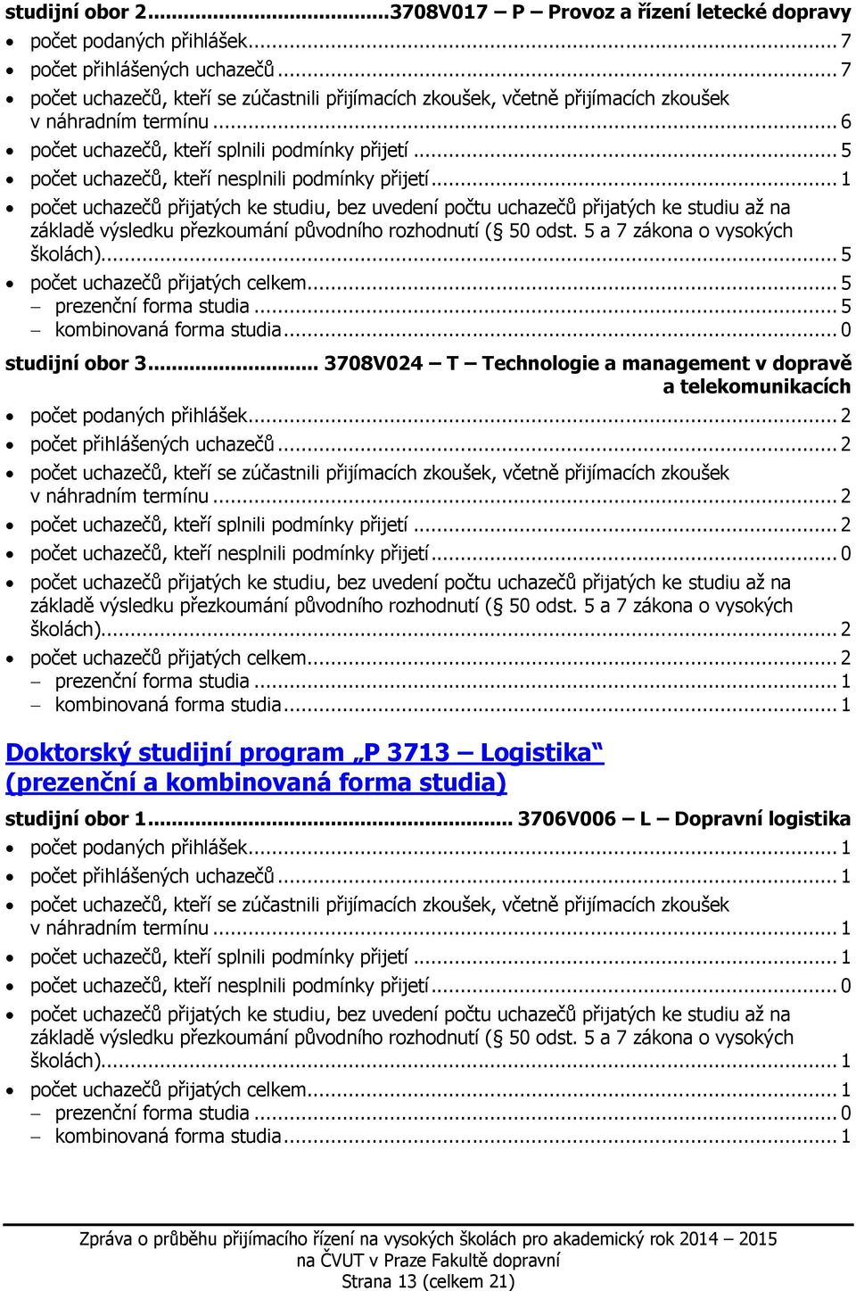 .. 3708V024 T Technologie a management v dopravě a telekomunikacích počet podaných přihlášek... 2 počet přihlášených uchazečů... 2 v náhradním termínu.