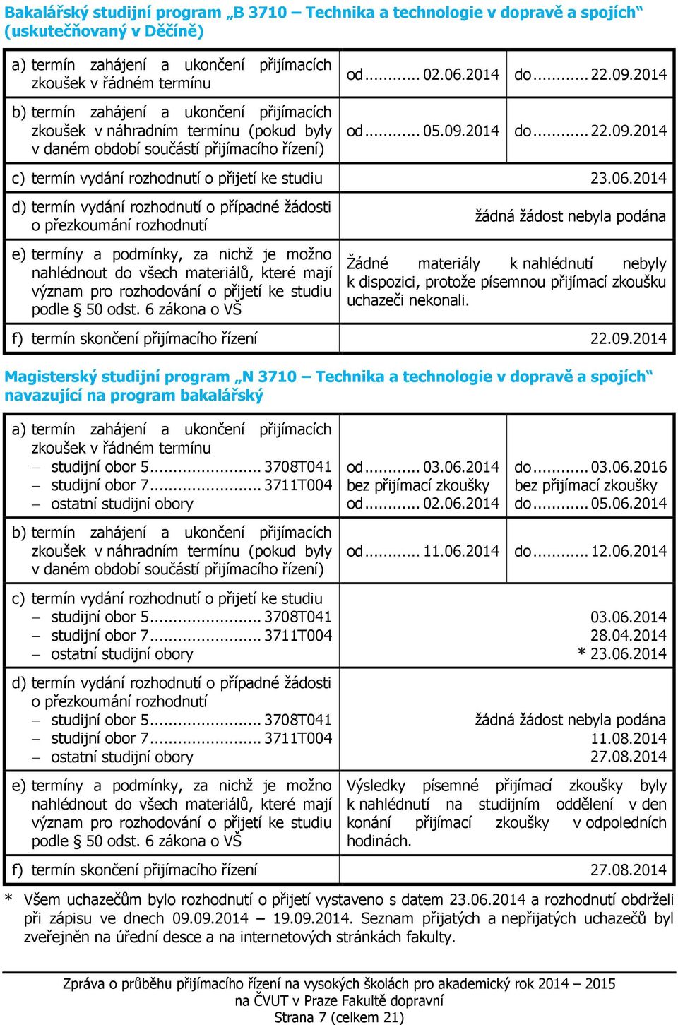 06.2014 d) termín vydání rozhodnutí o případné žádosti o přezkoumání rozhodnutí e) termíny a podmínky, za nichž je možno nahlédnout do všech materiálů, které mají význam pro rozhodování o přijetí ke