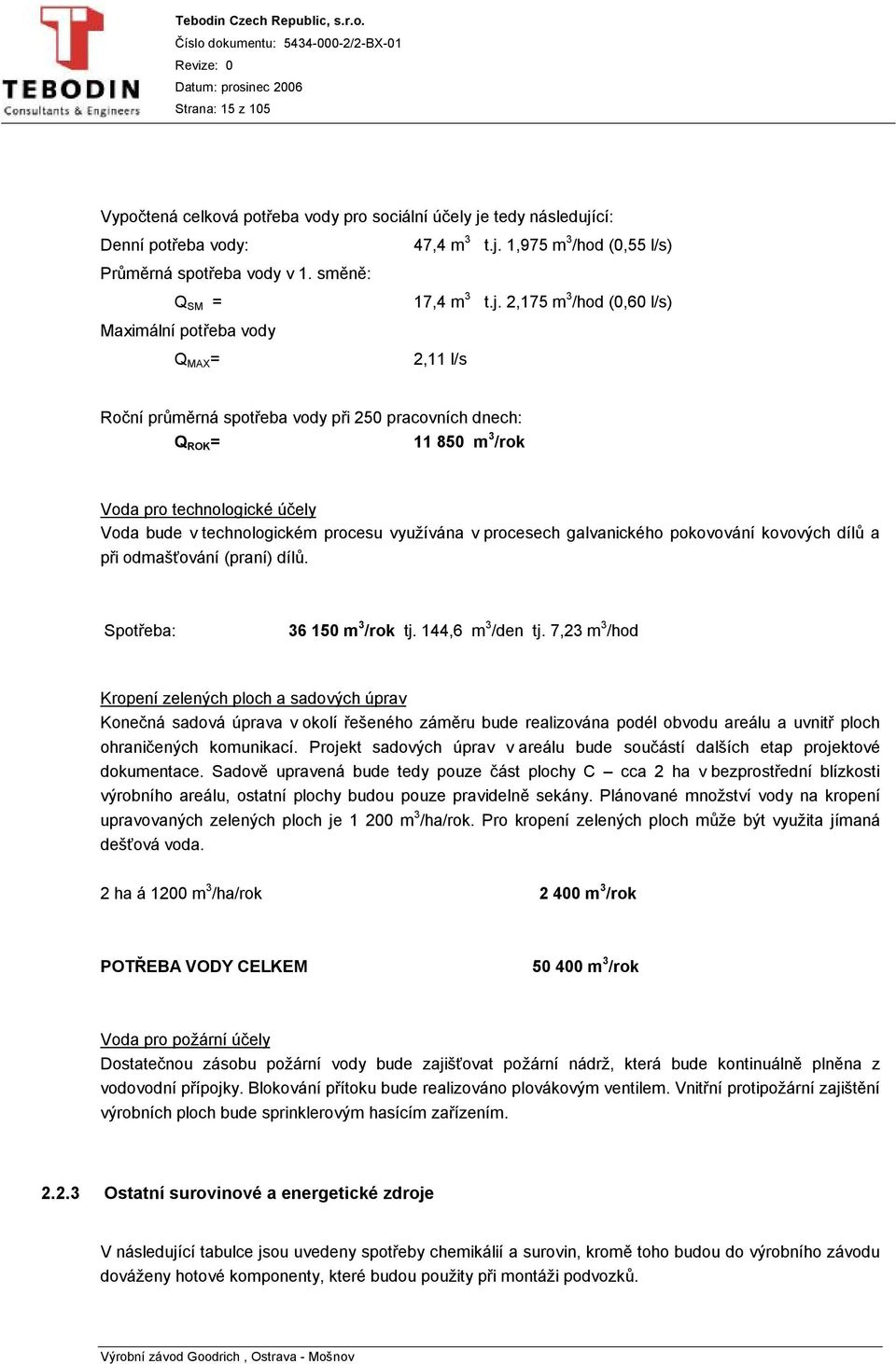 2,175 m 3 /hod (0,60 l/s) Maximální potřeba vody Q MAX = 2,11 l/s Roční průměrná spotřeba vody při 250 pracovních dnech: Q ROK = 11 850 m 3 /rok Voda pro technologické účely Voda bude v
