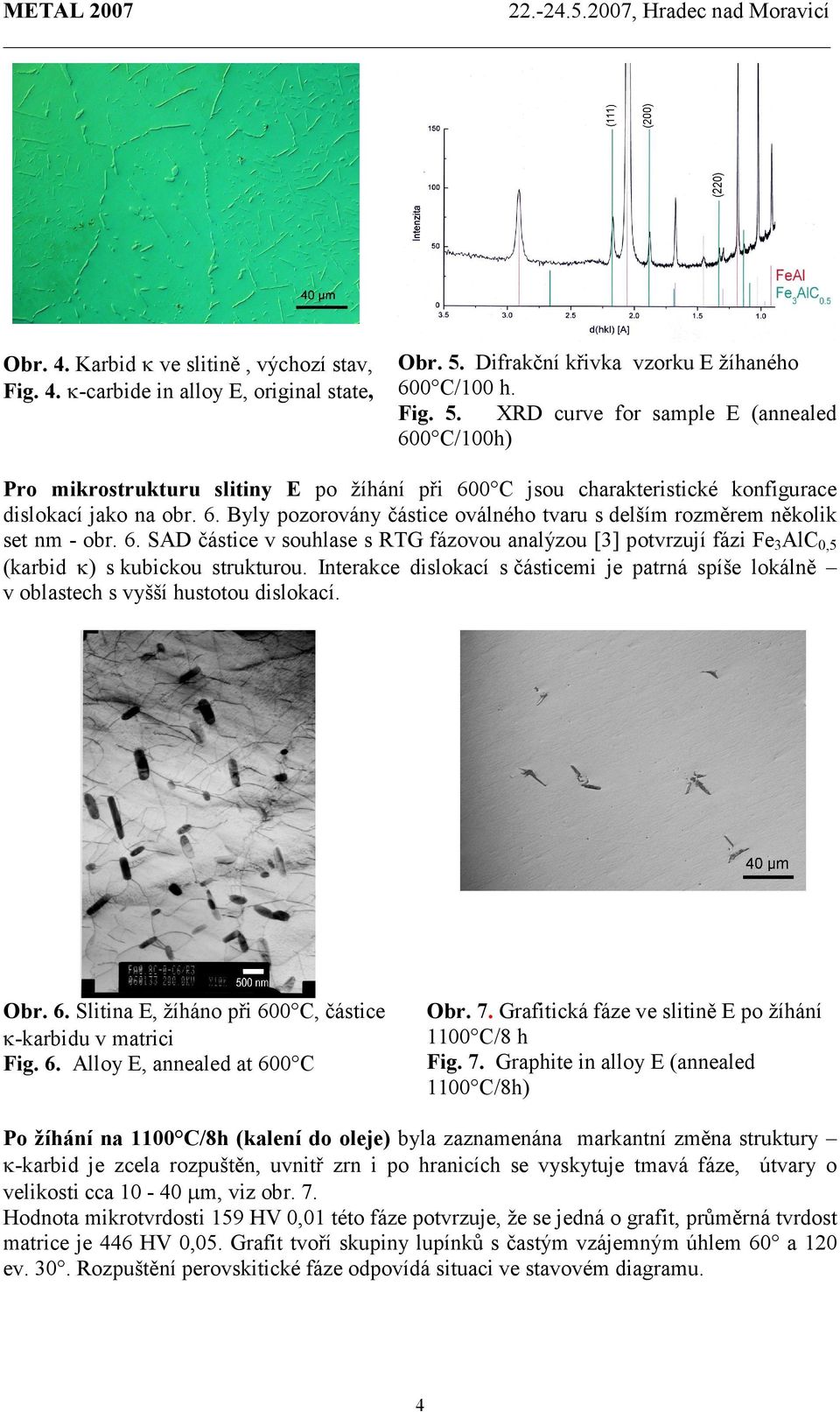 XRD curve for sample E (annealed 600 C/100h) Pro mikrostrukturu slitiny E po žíhání při 600 C jsou charakteristické konfigurace dislokací jako na obr. 6. Byly pozorovány částice oválného tvaru s delším rozměrem několik set nm - obr.