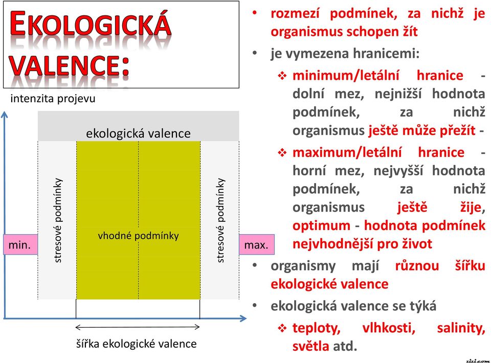 minimum/letální hranice - dolní mez, nejnižší hodnota podmínek, za nichž organismus ještě může přežít - maximum/letální hranice - horní mez,