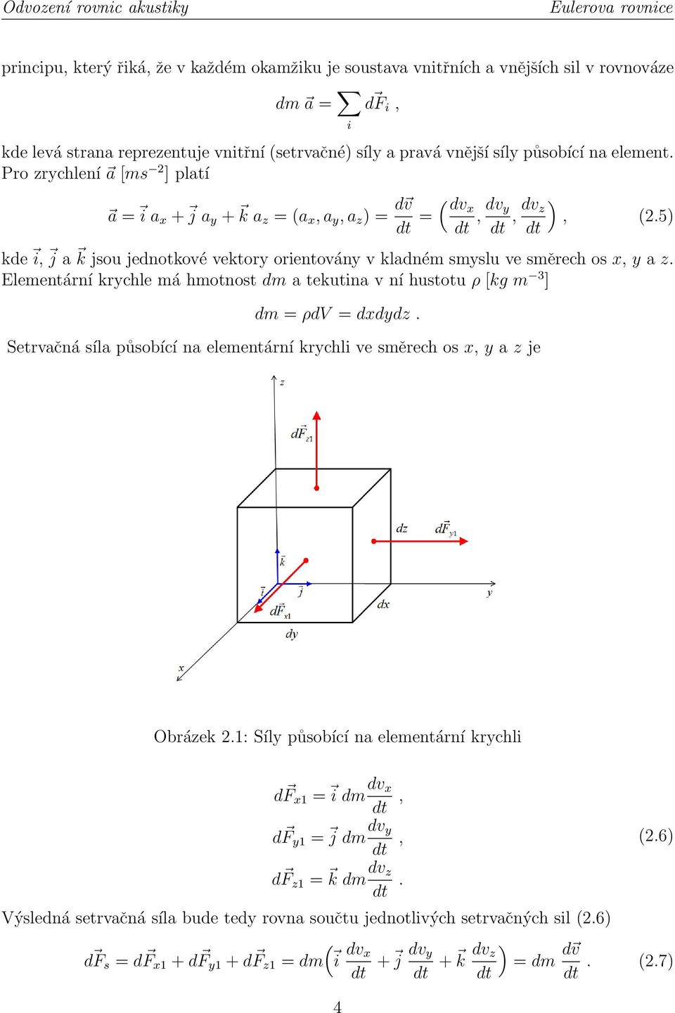 5) dt kde i, j a k jsou jednotkové vektory orientovány v kladném smyslu ve směrech os x, y a z. Elementární krychle má hmotnost dm a tekutina v ní hustotu ρ [kg m 3 ] dm = ρdv = dxdydz.