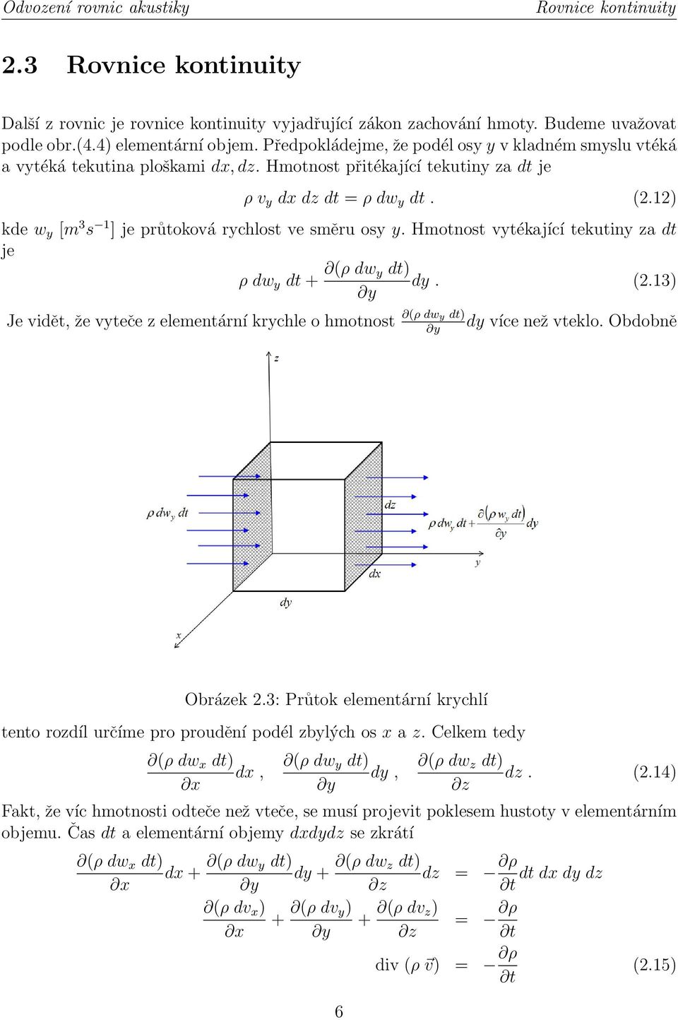 12) kde w y [m 3 s 1 ] je průtoková rychlost ve směru osy y. Hmotnost vytékající tekutiny za dt je ρ dw y dt + (ρ dw y dt) dy. (2.