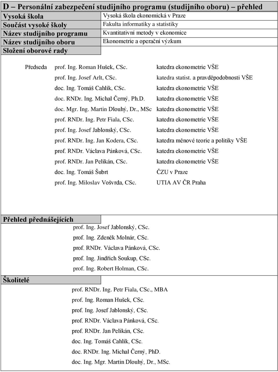 Žádost o prodloužení akreditace studijního oboru Ekonometrie a operační  výzkum (doktorský) - PDF Stažení zdarma