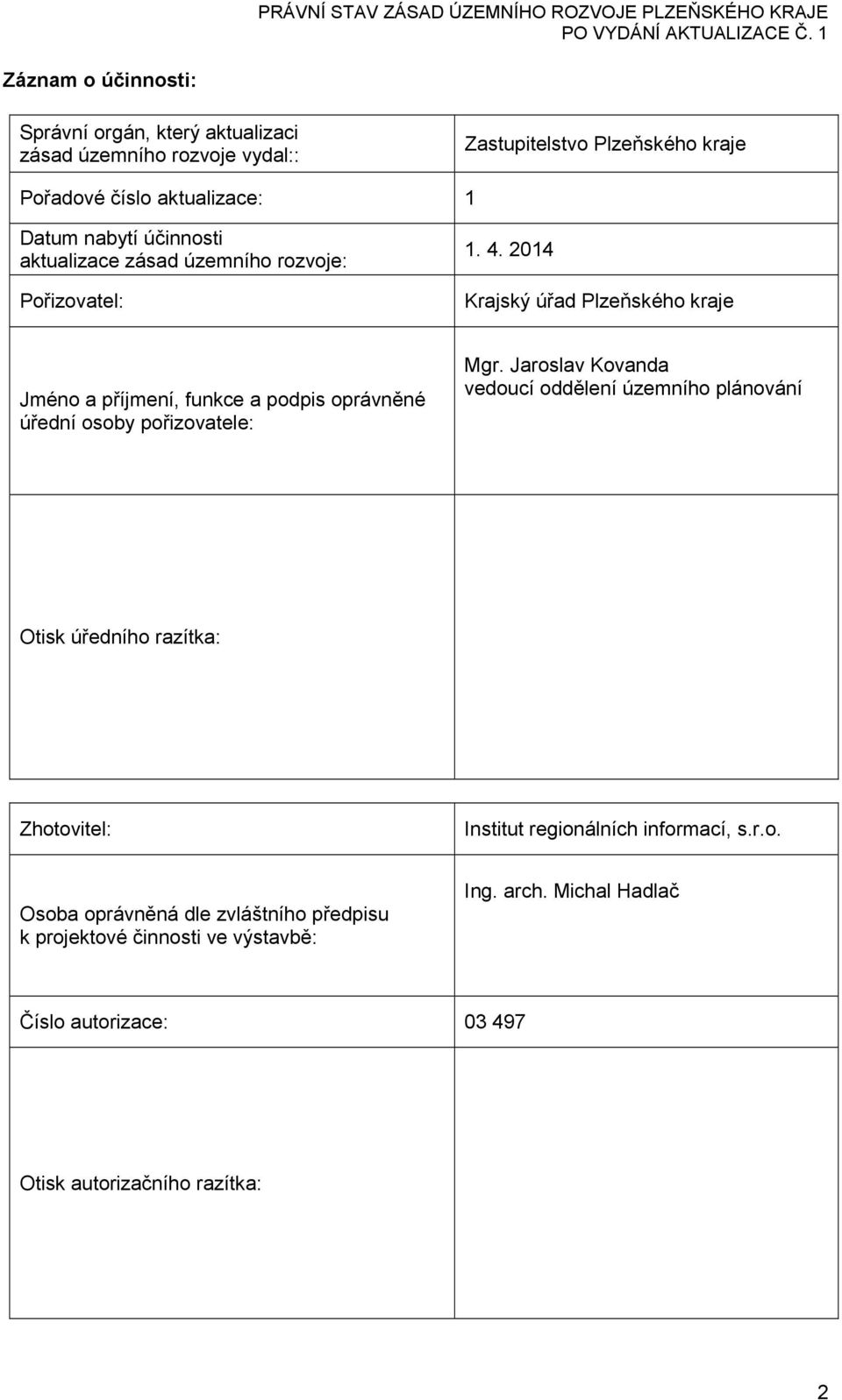 2014 Krajský úřad Plzeňského kraje Jméno a příjmení, funkce a podpis oprávněné úřední osoby pořizovatele: Mgr.