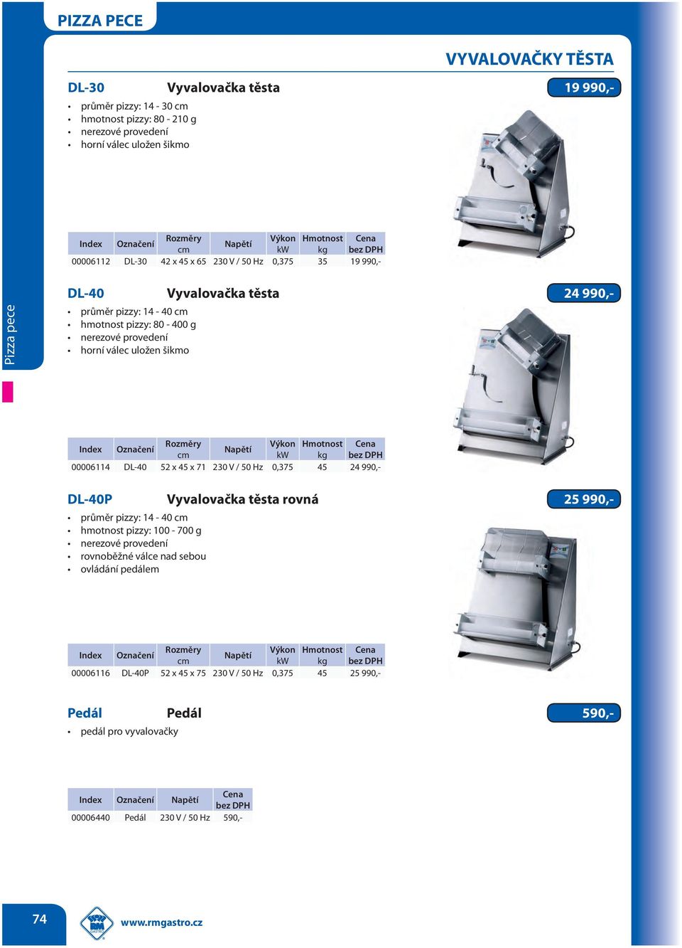 52 x 45 x 71 230 V / 50 Hz 0,375 45 24 990,- DL-40P Vyvalovačka těsta rovná 25 990,- průměr pizzy: 14-40 hmotnost pizzy: 100-700 g nerezové provedení rovnoběžné válce nad