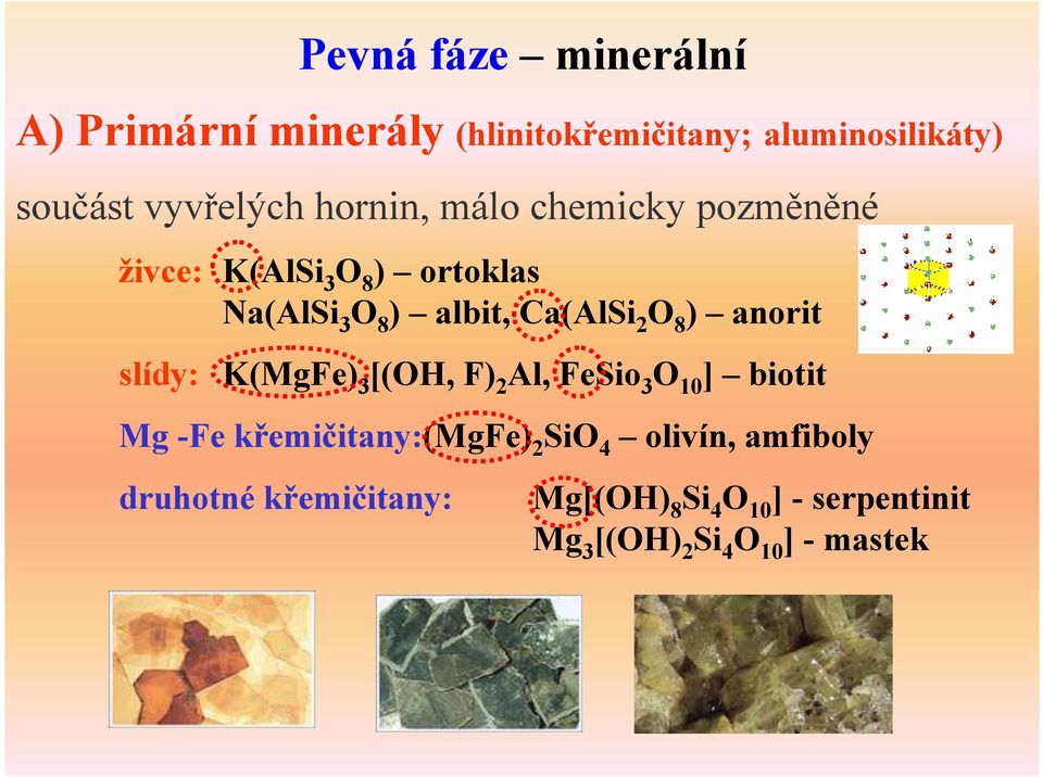 ) anorit slídy: K(MgFe) 3 [(OH, F) 2 Al, FeSio 3 O 10 ] biotit Mg -Fe křemičitany:(mgfe) 2 SiO 4